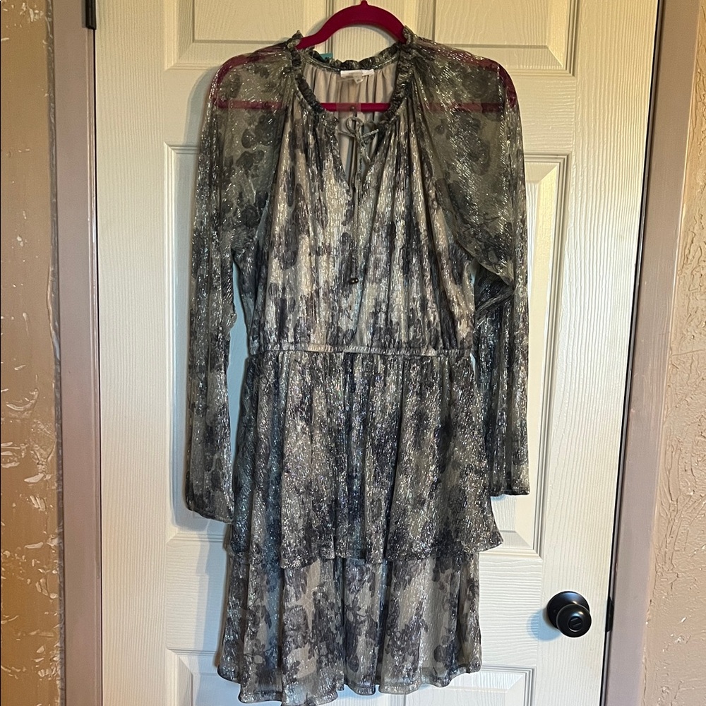 Women's Metallic Black & Silver Tiered Long-Sleeve Dress